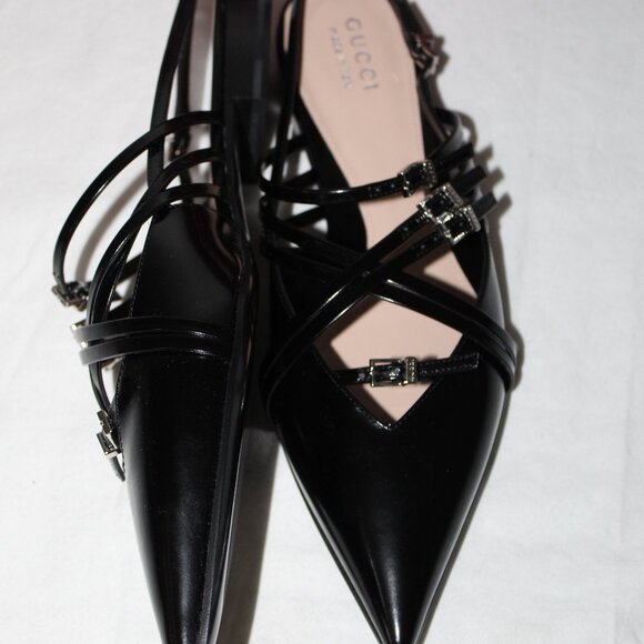 NWB Gucci Seraphine Strappy Buckle Pointed Toe Flats Slingback Black 39.5 796015 - Picture 6 of 9